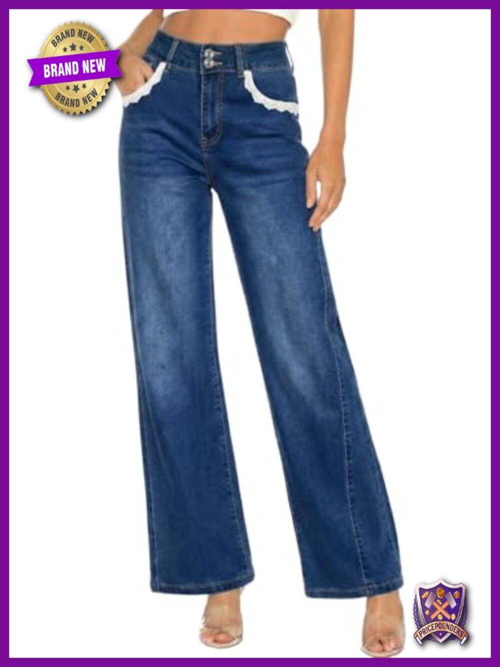 Wide Leg High Waisted Stretchy Straight Leg Jeans with Lace Pockets